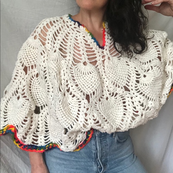 Vtg Granny Square Crocheted Poncho White + Rainbow - Picture 14 of 16